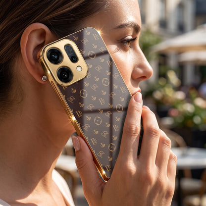 Oppo Reno 14 5G Luxury Monogram Brown Gold Electroplated Glass Phone Back Case