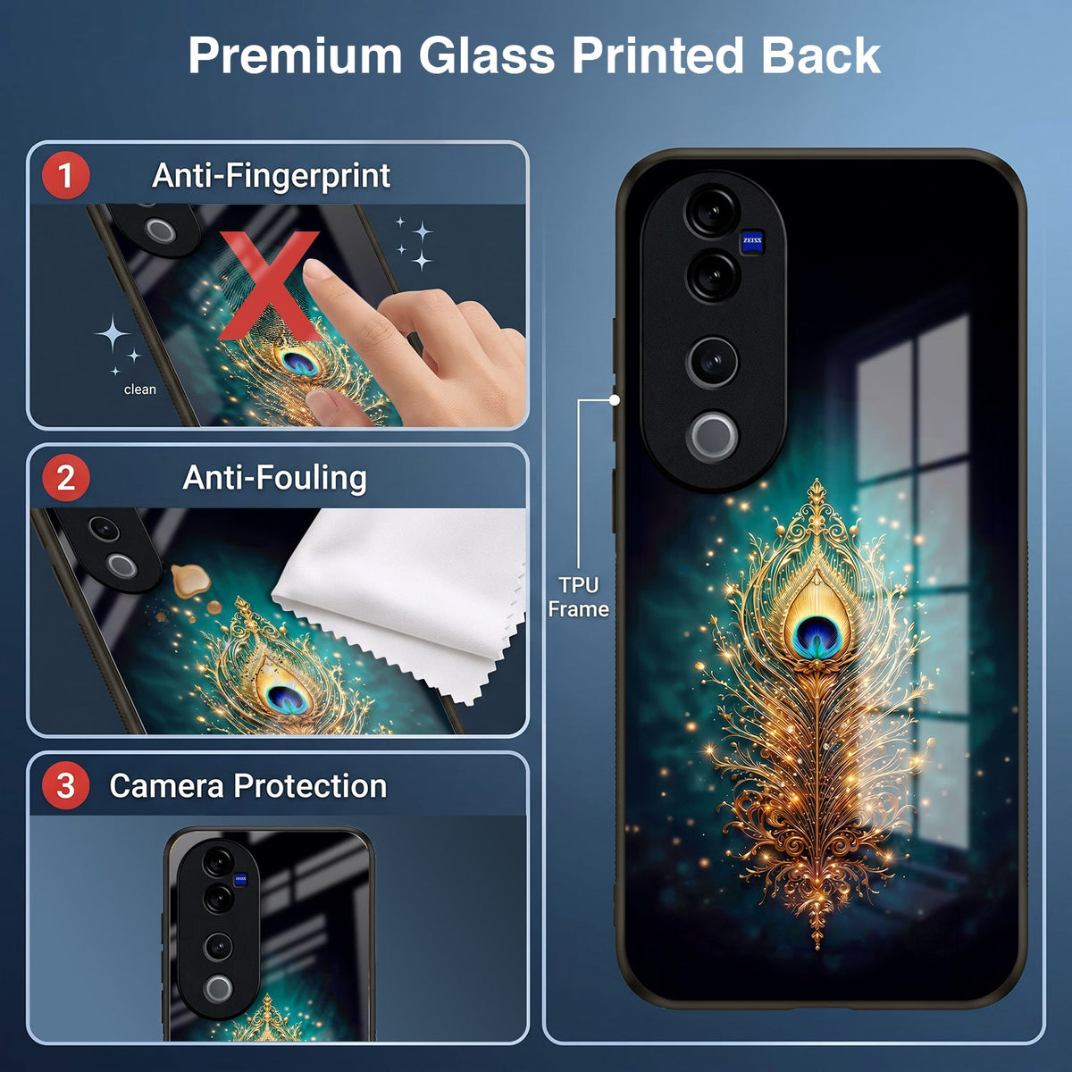Vivo V40 Pro 5G Golden Peacock Feather Acrylic Glass Back Case