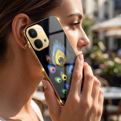 Vivo T5x 5G Premium Peacock Feather Gold Electroplated Glass Phone Back Case