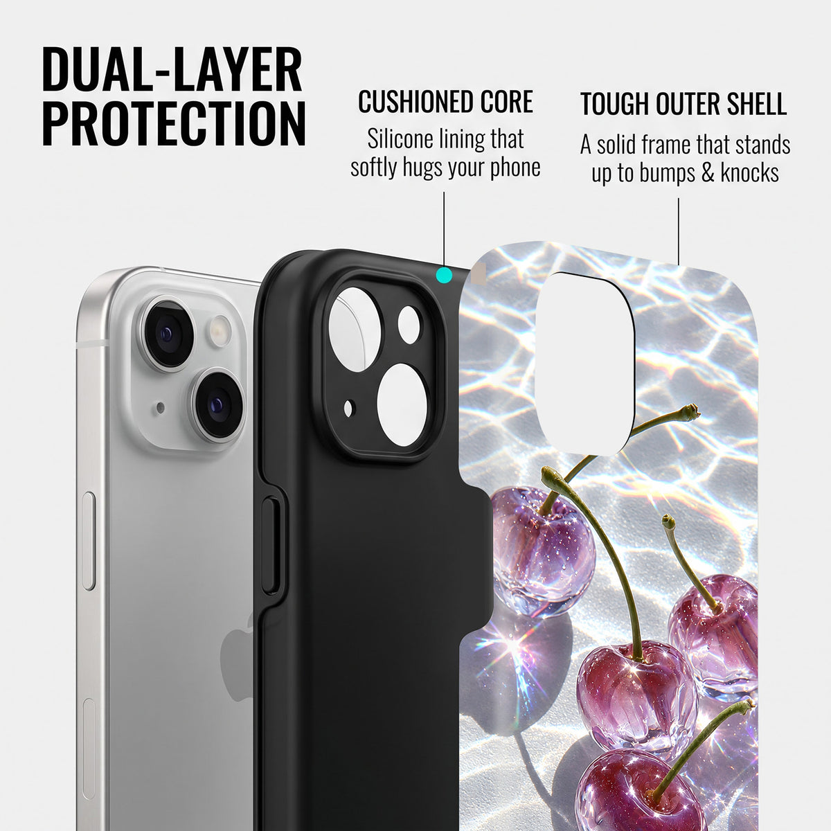 iPhone 15 5G Purple Transparent Cherry Protective Case