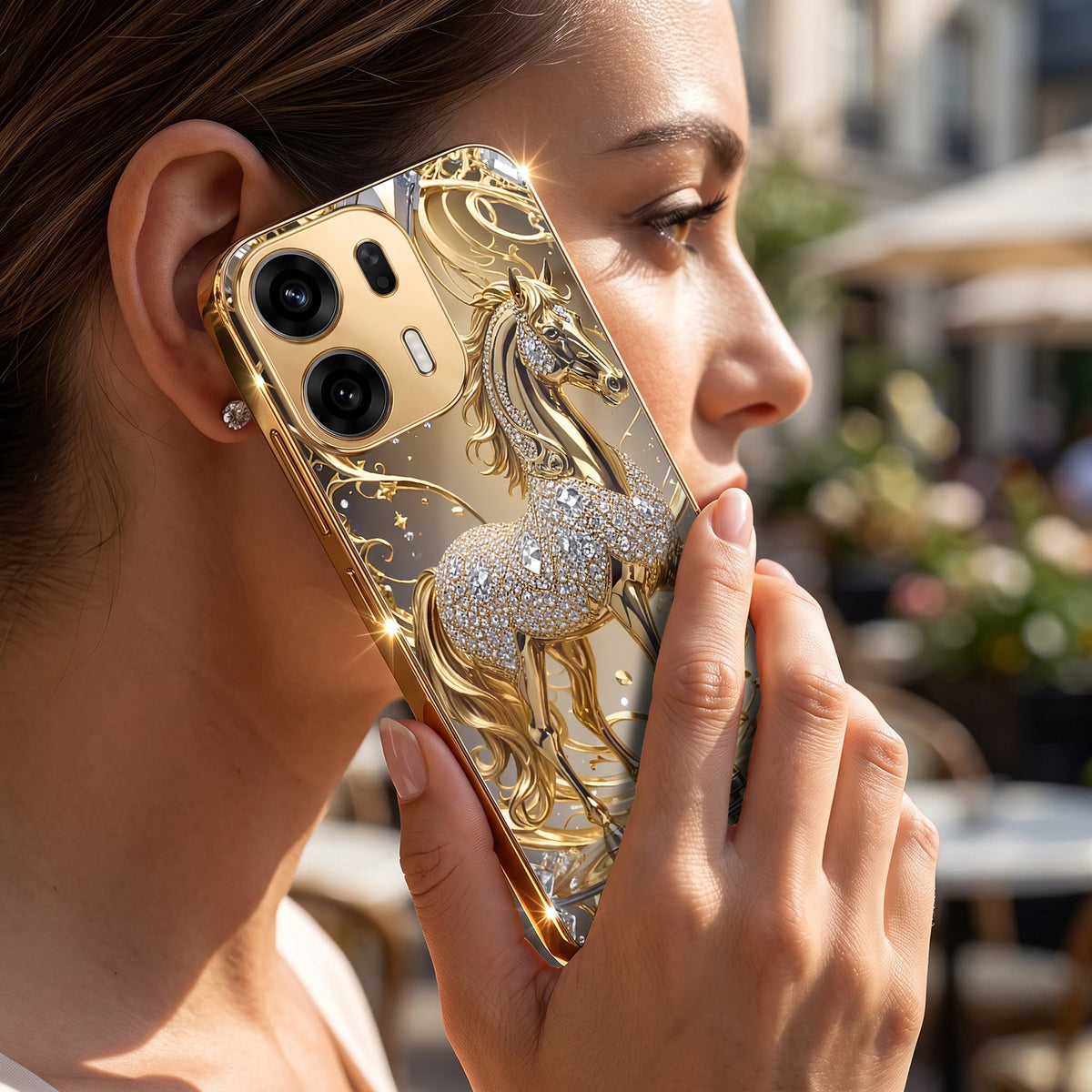 Oppo K14 Plus 5G Luxury Horse Texture Gold Electroplated Glass Phone Back Case