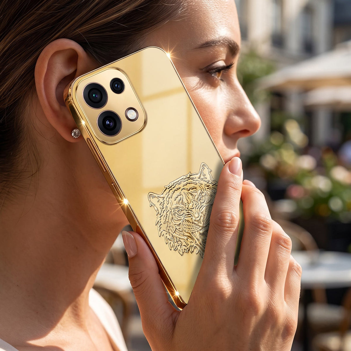 Oppo Reno 16C 5G Golden Tiger Face Gold Electroplated Glass Phone Back Case