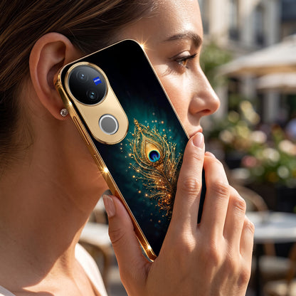 Oppo Reno 15 5G Golden Peacock Feather Gold Electroplated Glass Phone Back Case