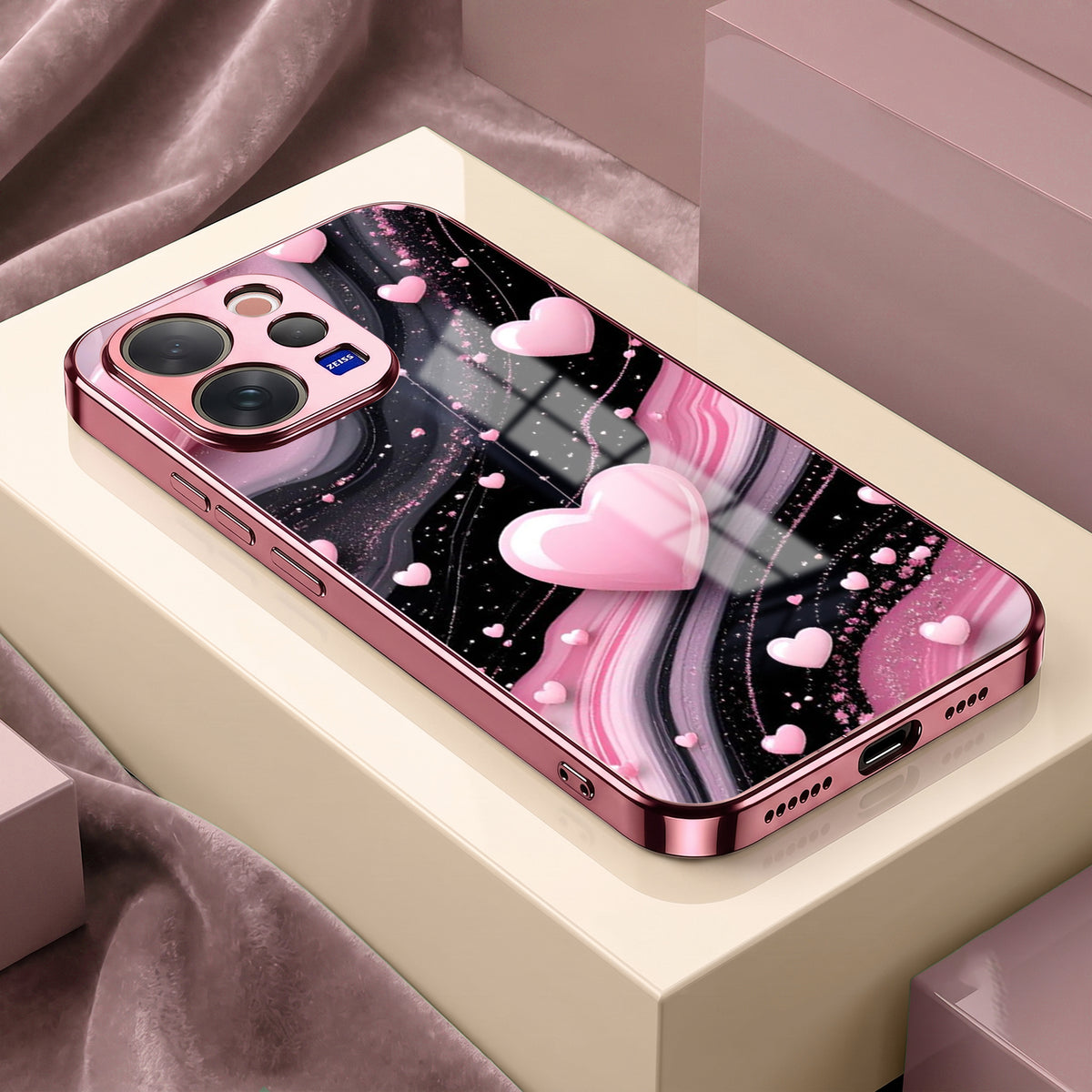Vivo V70 5G Love Sparkle Pink Electroplated Glass Phone Back Case