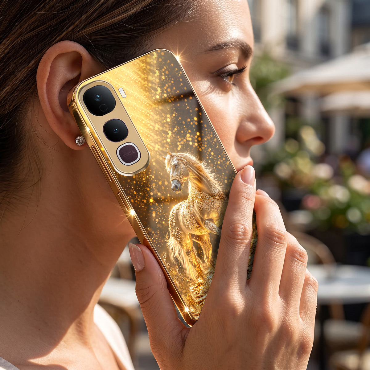 Vivo Y400 Pro 5G Golden Horse Sparkle Gold Electroplated Glass Phone Back Case