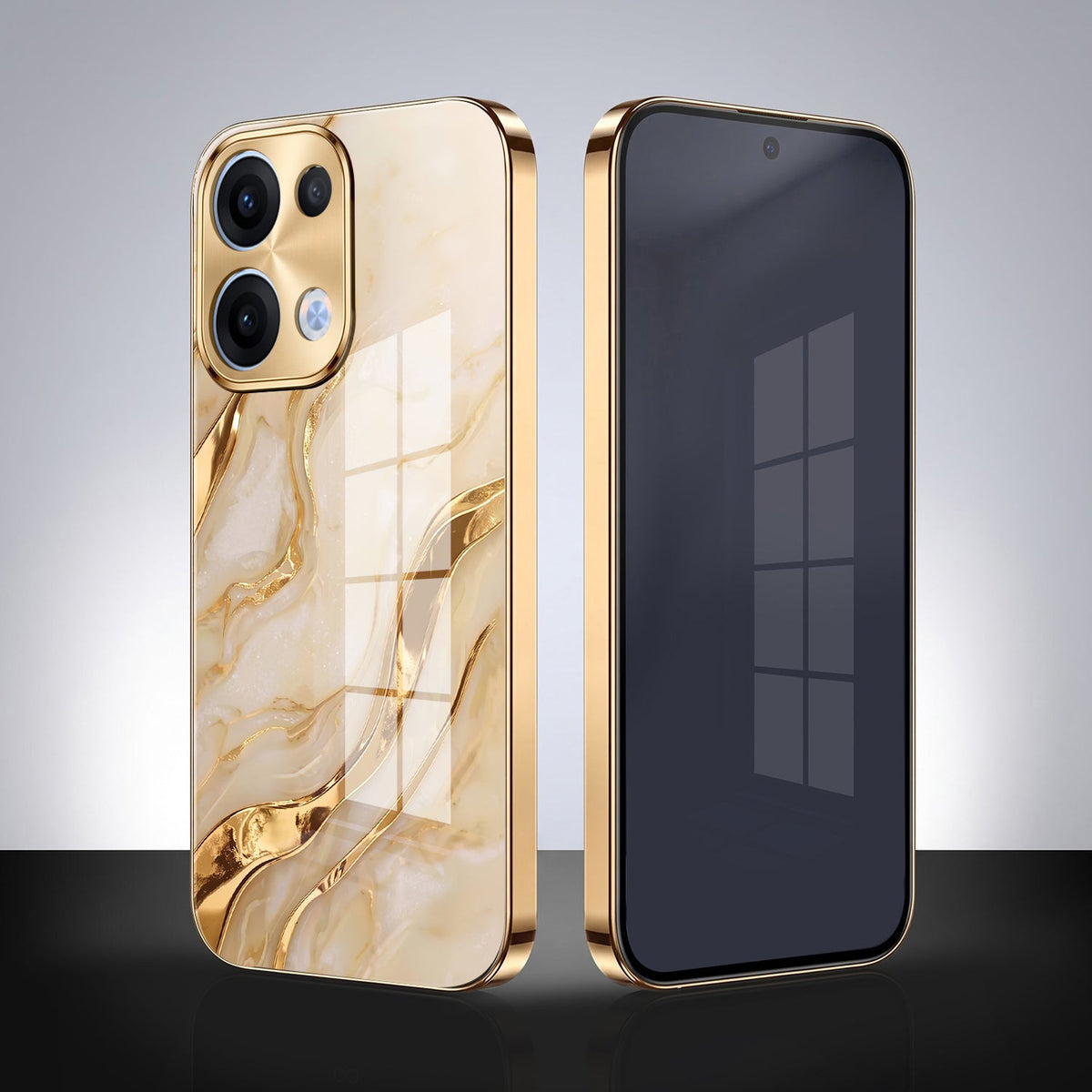 Oppo Reno 13 5G Marvel Texture Gold Electroplated Glass Phone Back Case