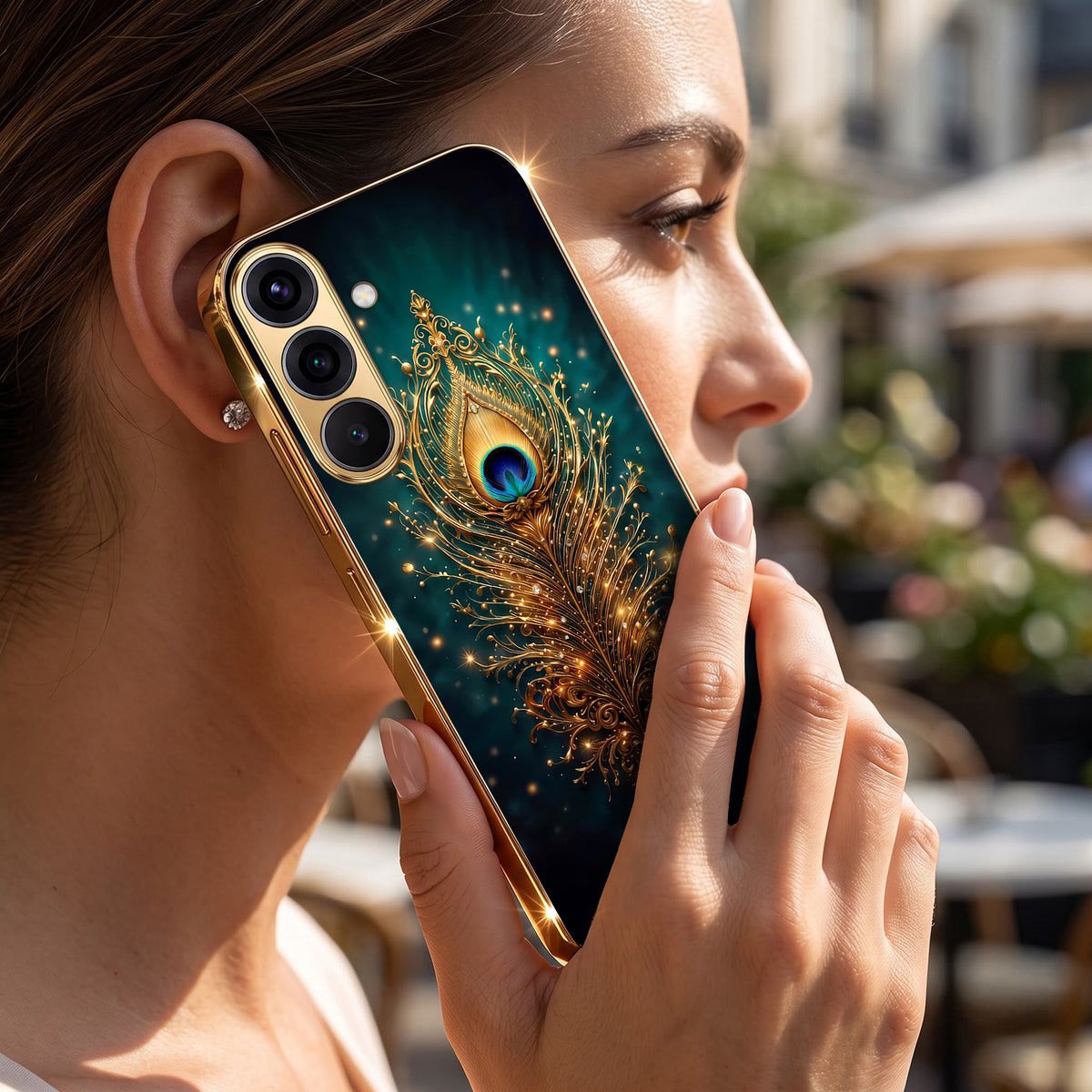 Samsung Galaxy A56 5G Golden Peacock Feather Gold Electroplated Glass Phone Back Case