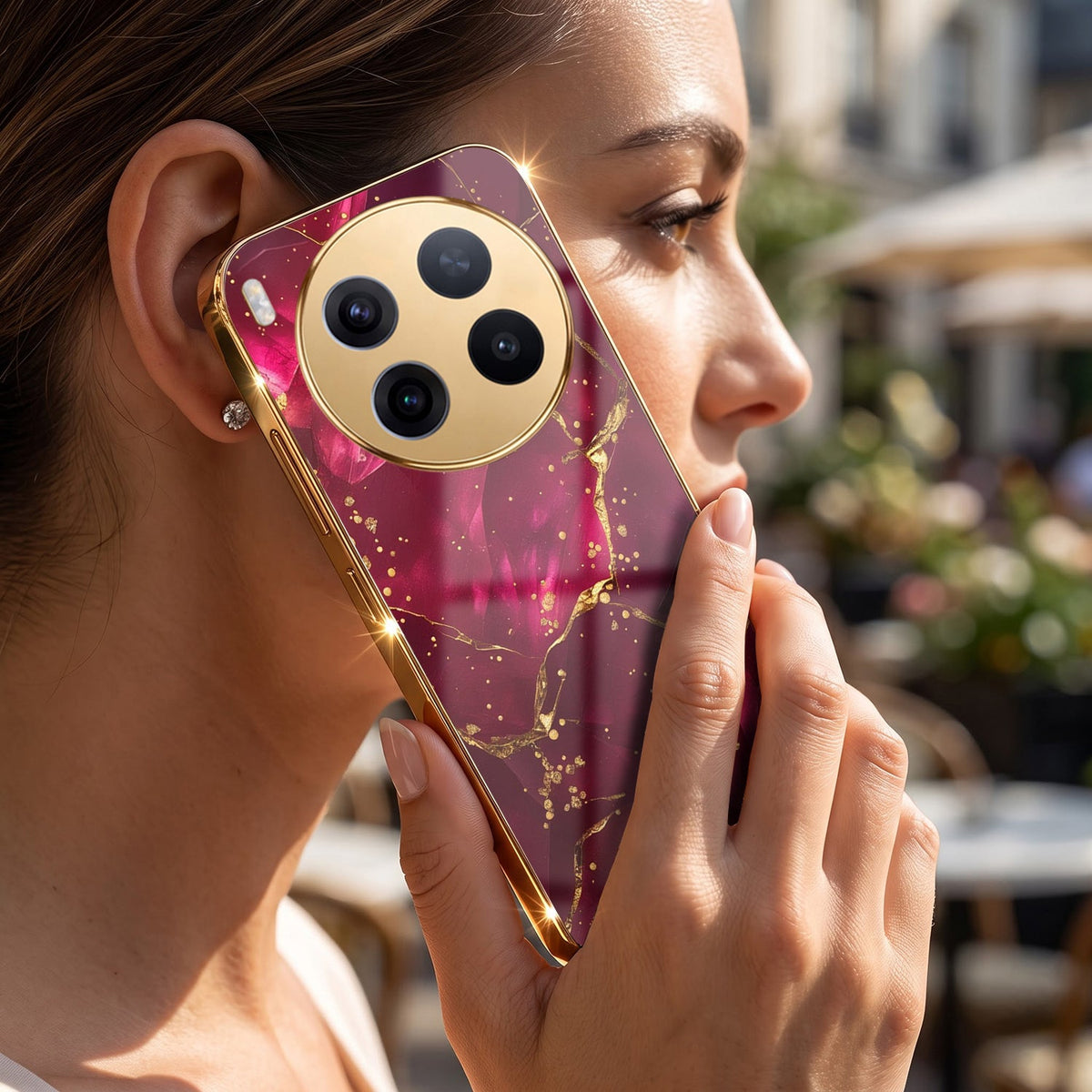Vivo X300 Pro 5G Luxury Crimson Marble Gold Electroplated Glass Phone Back Case