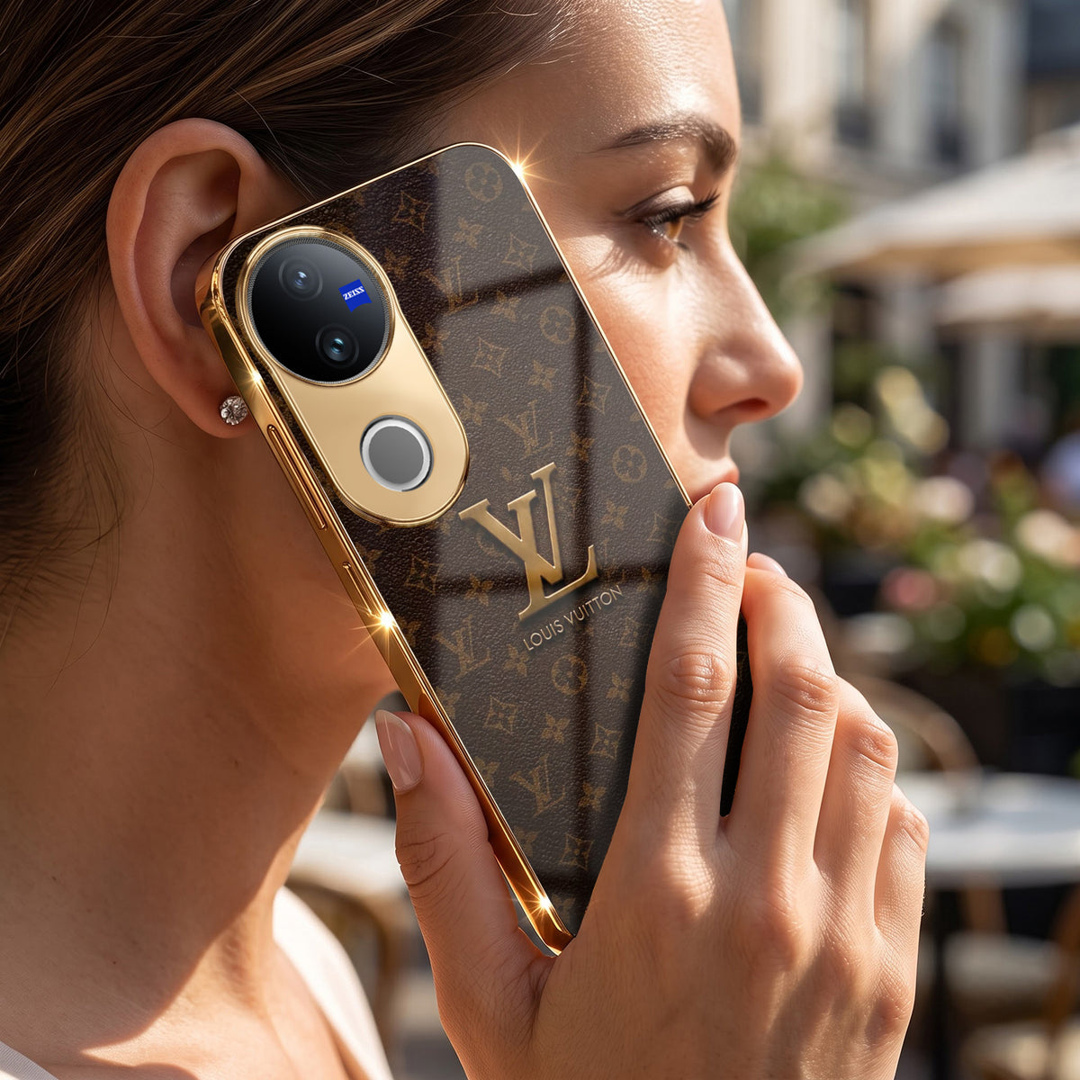 Vivo V50 5G LV Brown Monogram Gold Electroplated Glass Phone Back Case