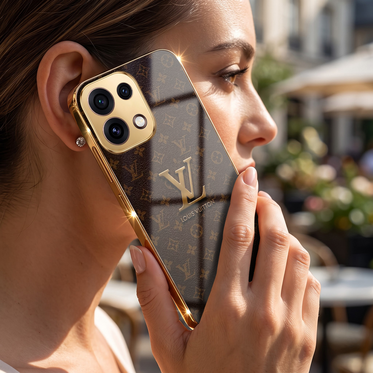 Oppo Reno 16C 5G LV Brown Monogram Gold Electroplated Glass Phone Back Case