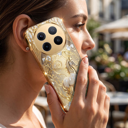 Vivo X300 Pro 5G Luxury Horse Texture Gold Electroplated Glass Phone Back Case