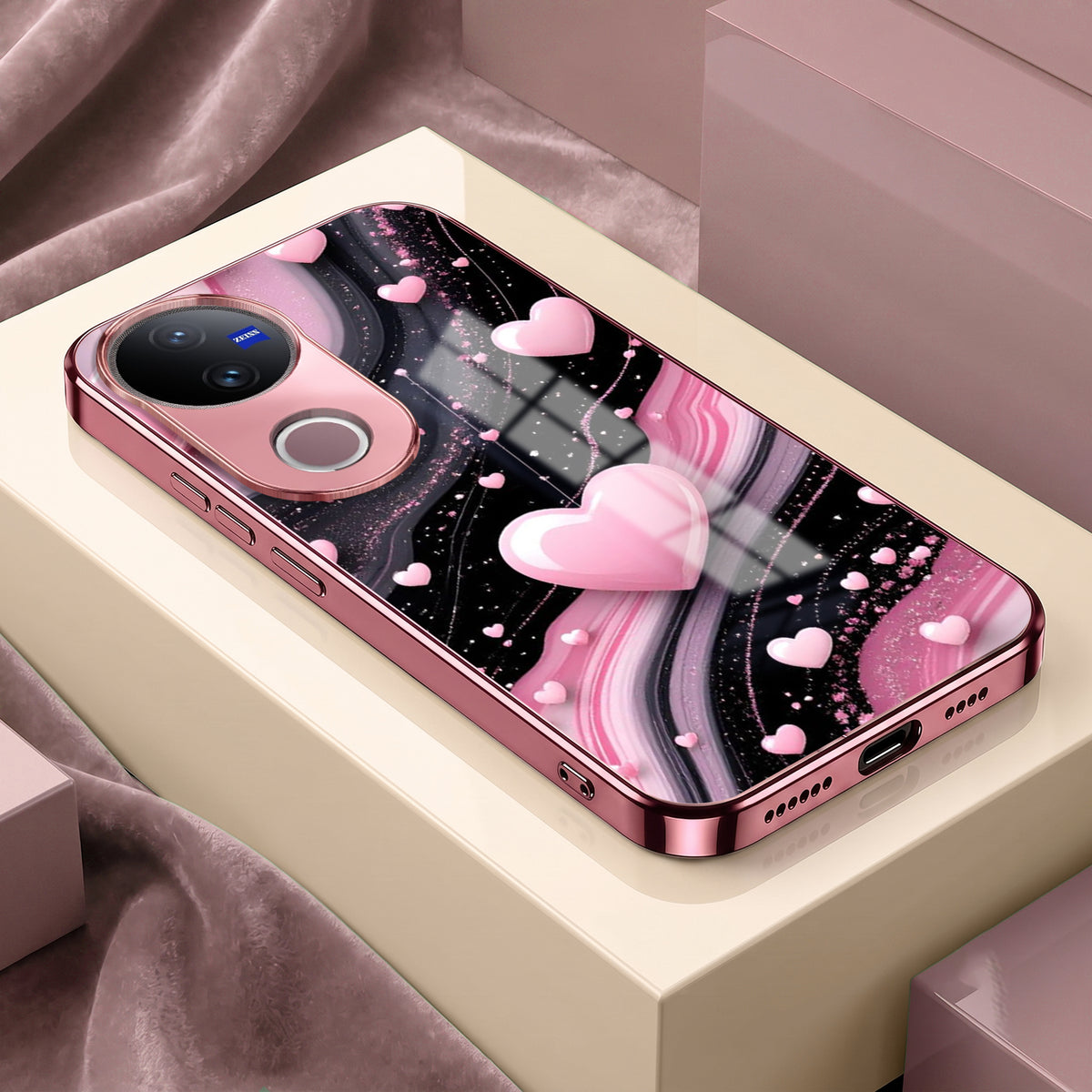 Vivo V50 5G Love Sparkle Pink Electroplated Glass Phone Back Case