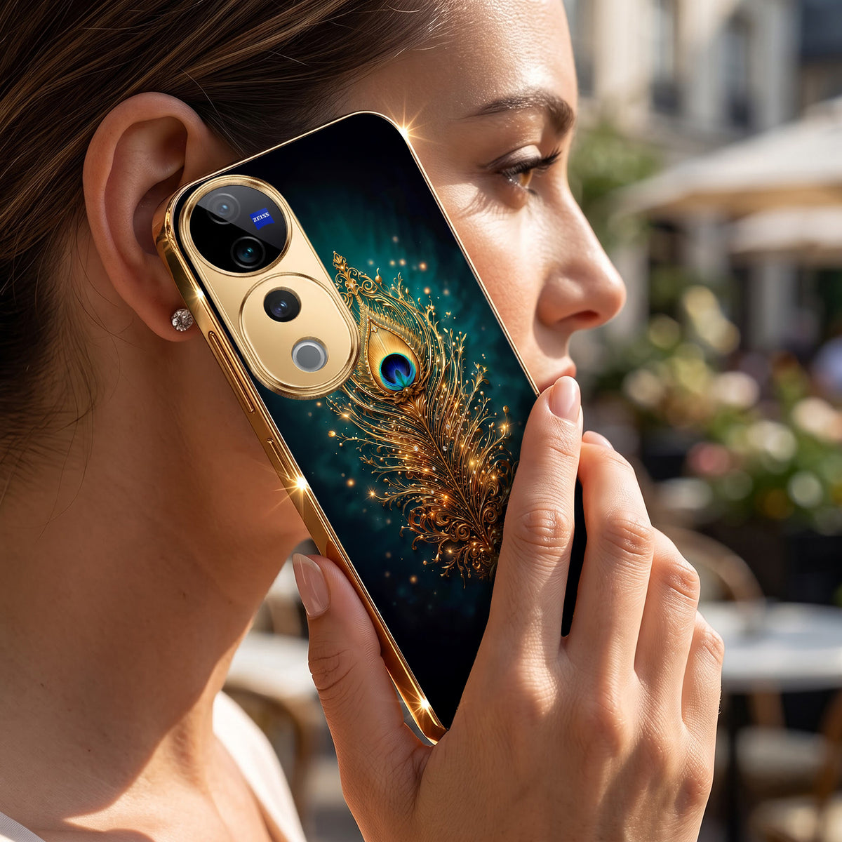 Vivo V40 Pro 5G Golden Peacock Feather Gold Electroplated Glass Phone Back Case