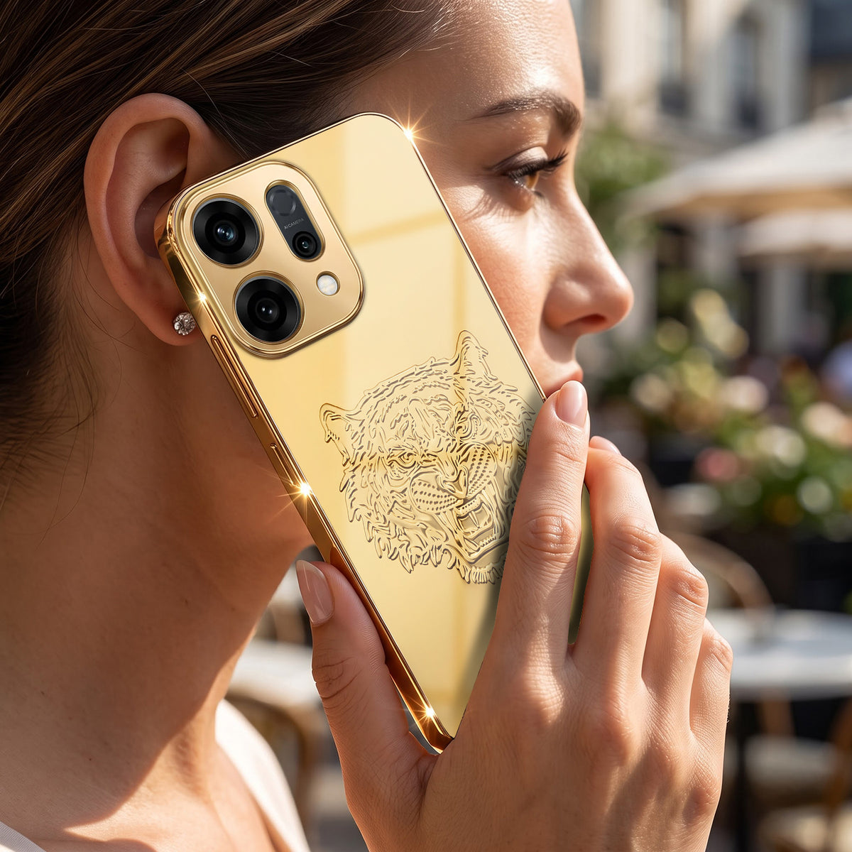 Oppo Reno 14 5G Golden Tiger Face Gold Electroplated Glass Phone Back Case