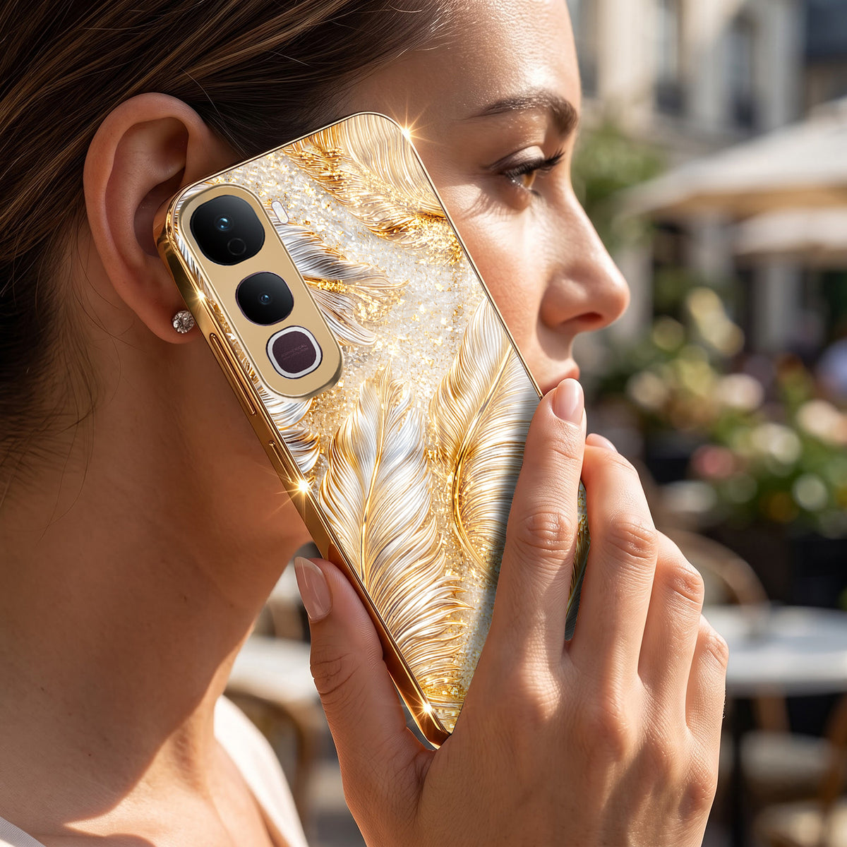 Vivo Y400 Pro 5G Golden Feather Marble Gold Electroplated Glass Phone Back Case