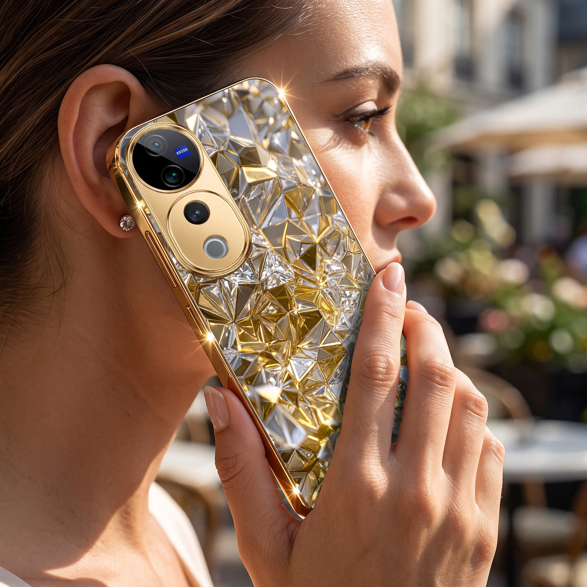 Vivo V40 Pro 5G White Diamond Shatter Gold Electroplated Glass Phone Back Case