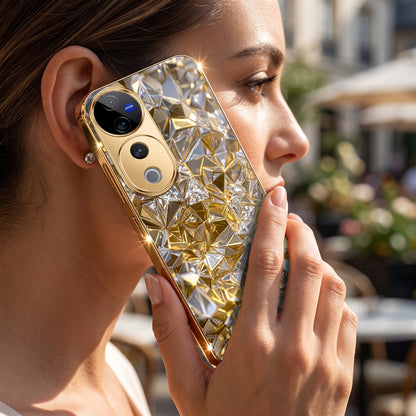 Vivo V40 Pro 5G White Diamond Shatter Gold Electroplated Glass Phone Back Case
