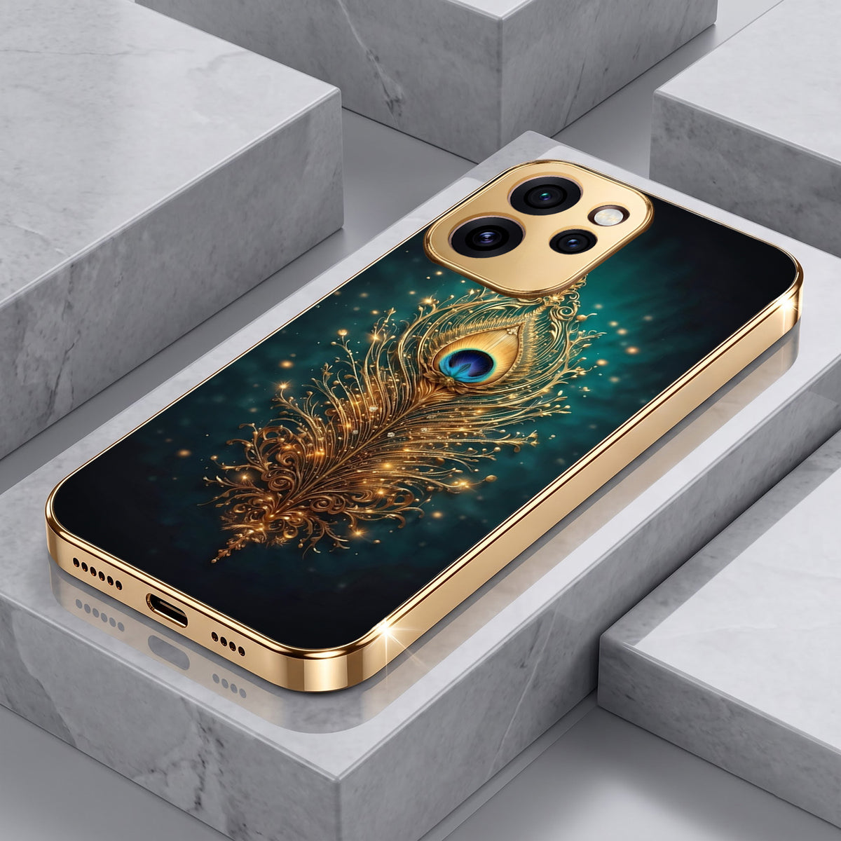 Oppo Reno 15 Pro Mini 5G Golden Peacock Feather Gold Electroplated Glass Phone Back Case