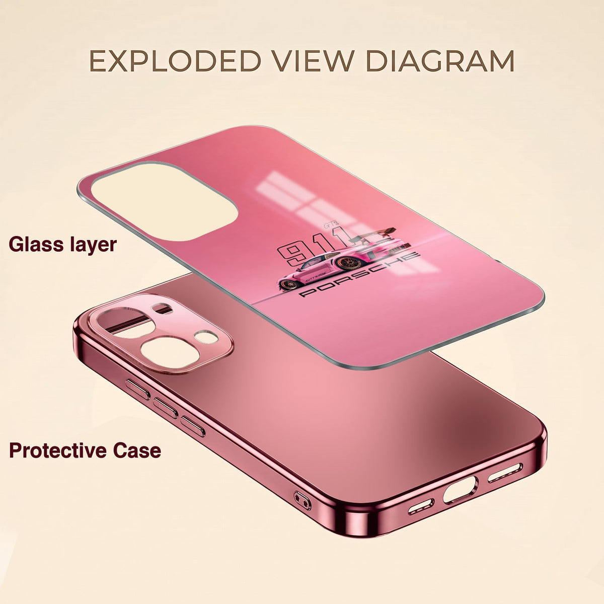 Vivo T5x 5G Luxury Porsche 911 Pink Electroplated Glass Phone Back Case