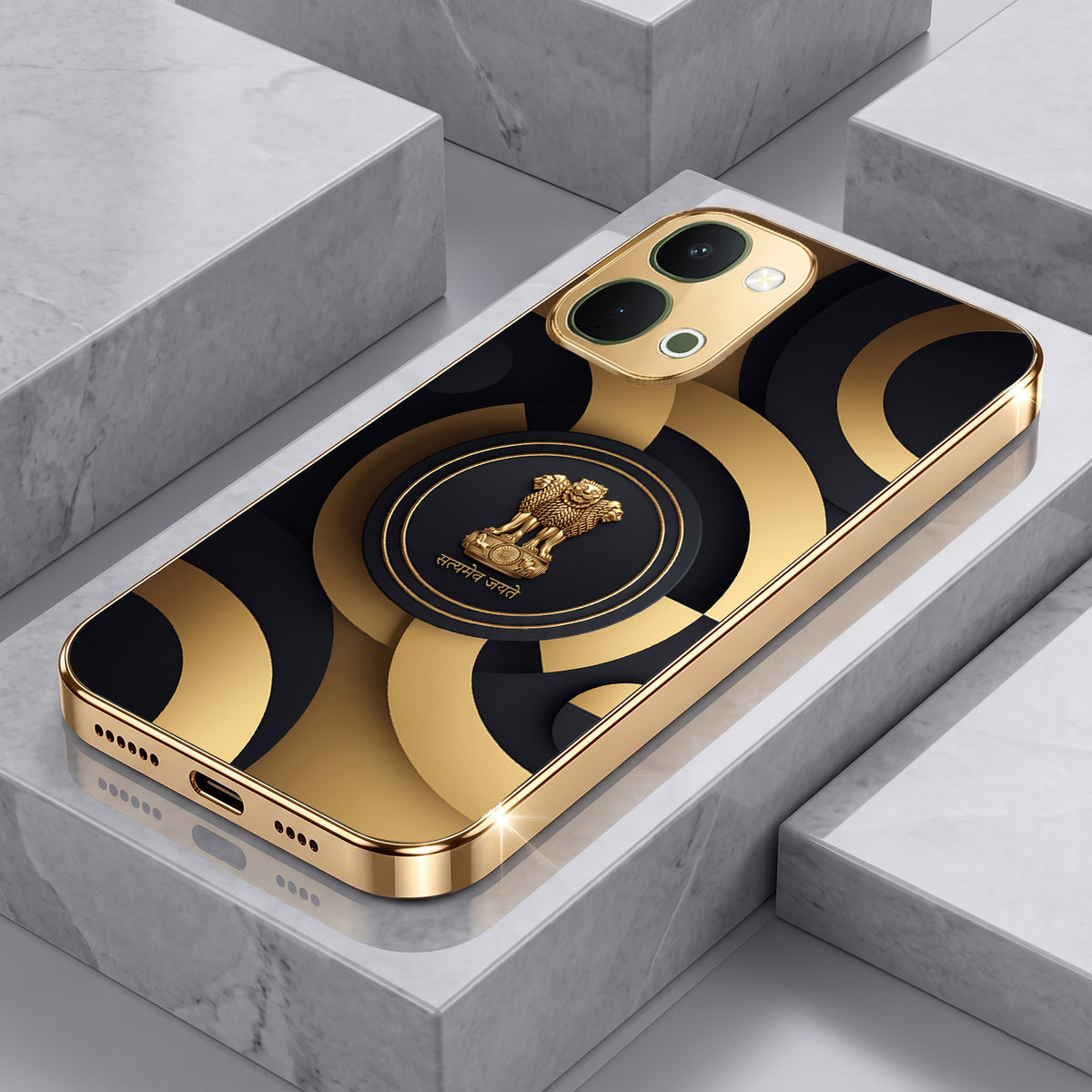 Vivo T5x 5G Royal Emblem Gold Electroplated Glass Phone Back Case