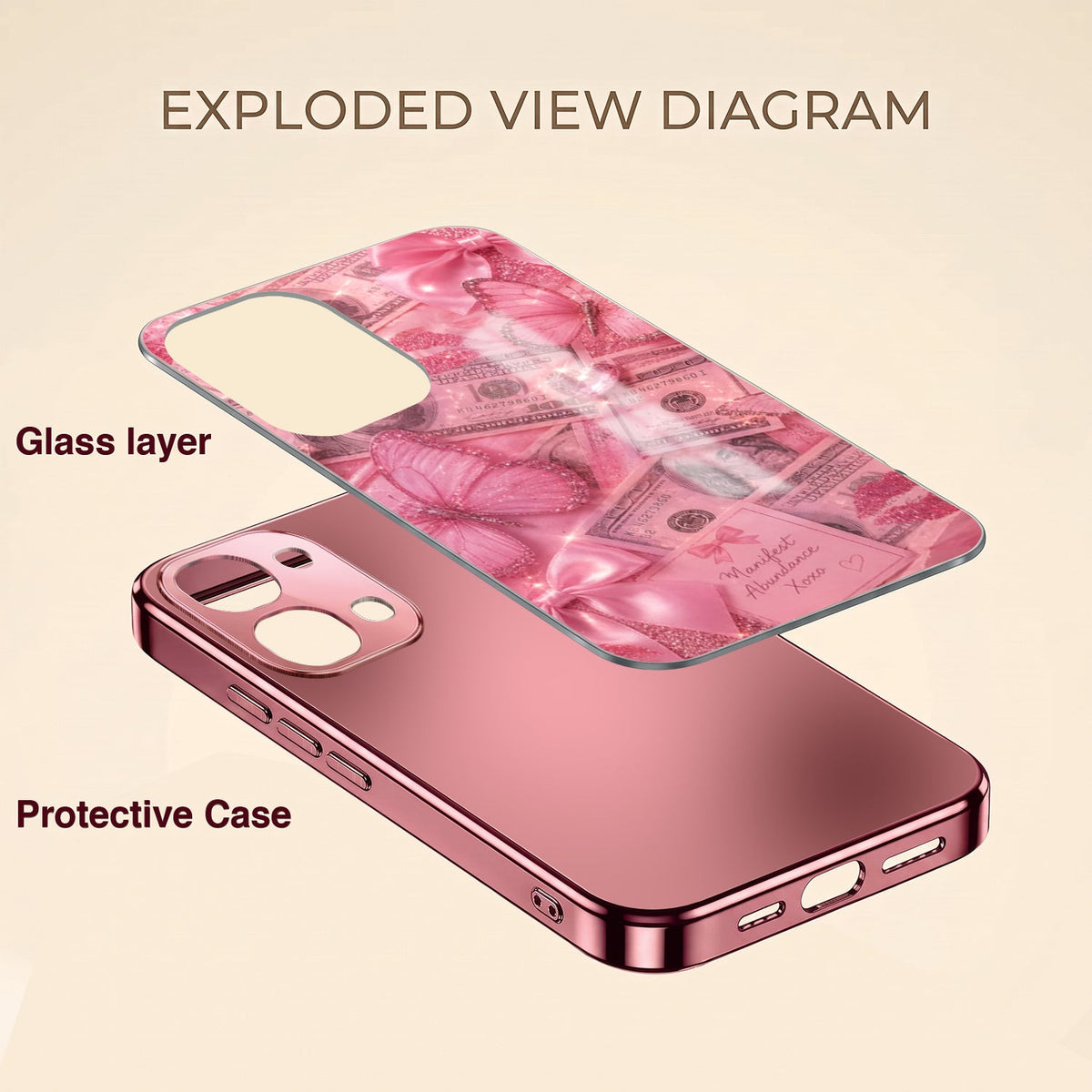 Vivo T5x 5G Luxury Dollar Butterfly Pink Electroplated Glass Phone Back Case