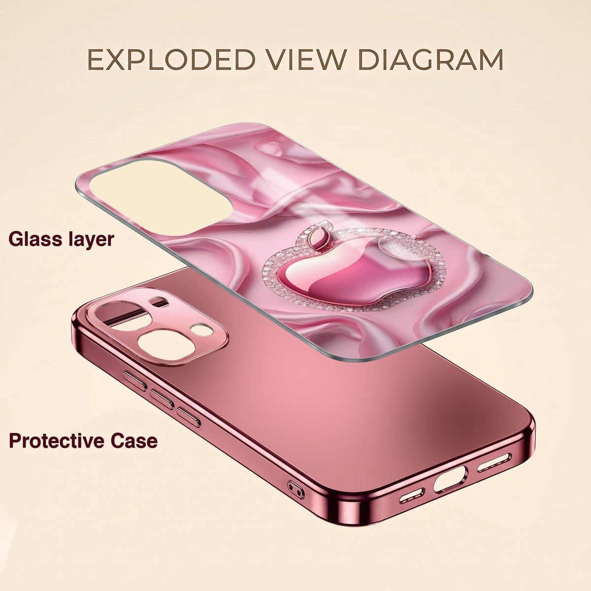 Vivo T5x 5G Luxury Apple Logo Pink Electroplated Glass Phone Back Case