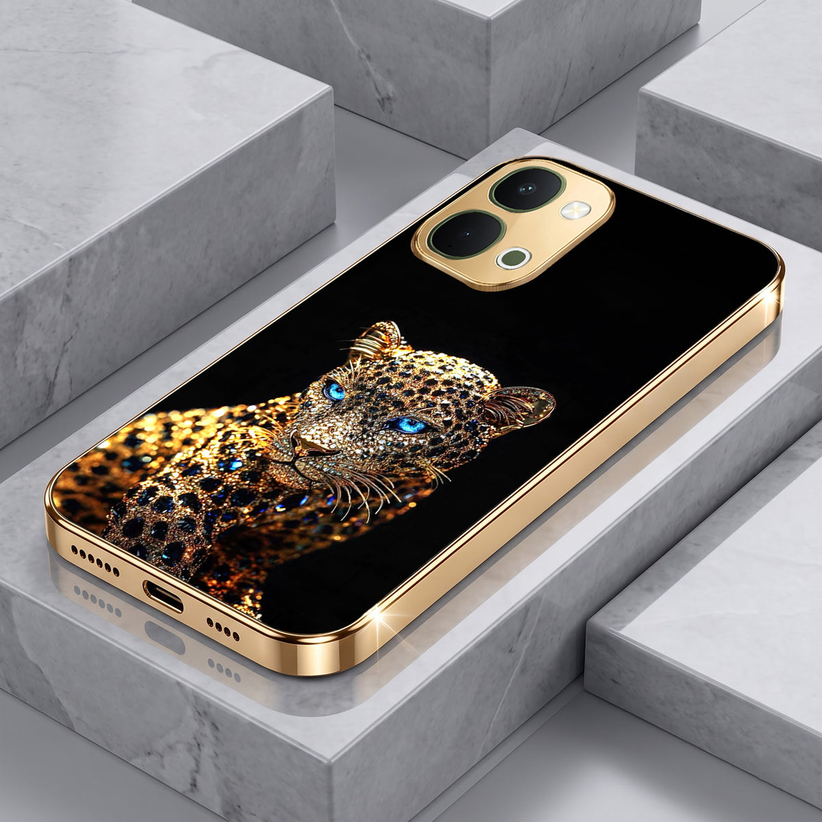 Vivo T5x 5G Panther Gold Electroplated Glass Phone Back Case