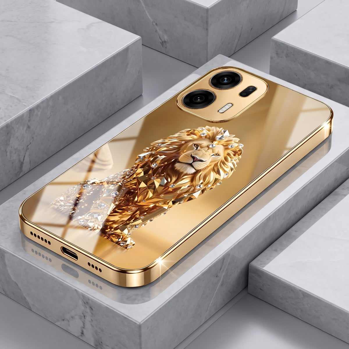 Oppo K14 Plus 5G Luxury Lion Gold Electroplated Glass Phone Back Case