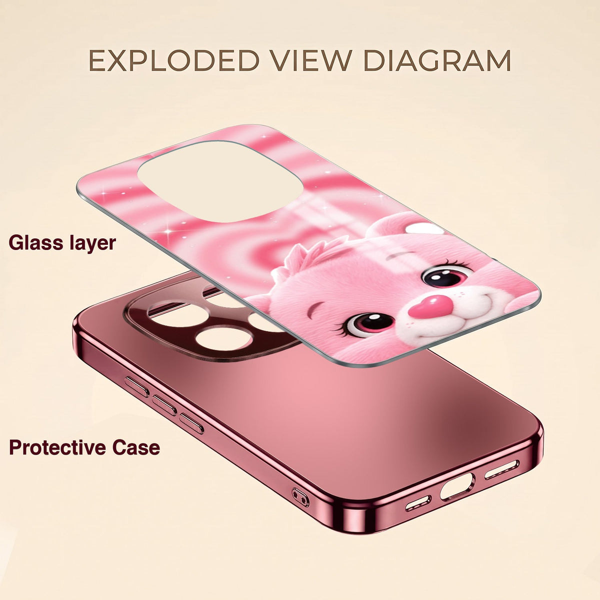 Redmi Note 15 Pro+ 5G Luxury Cute Teddy Pink Electroplated Glass Phone Back Case
