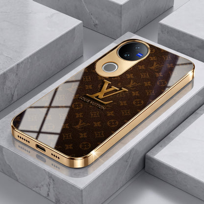 Vivo V50 5G LV Brown Monogram Gold Electroplated Glass Phone Back Case