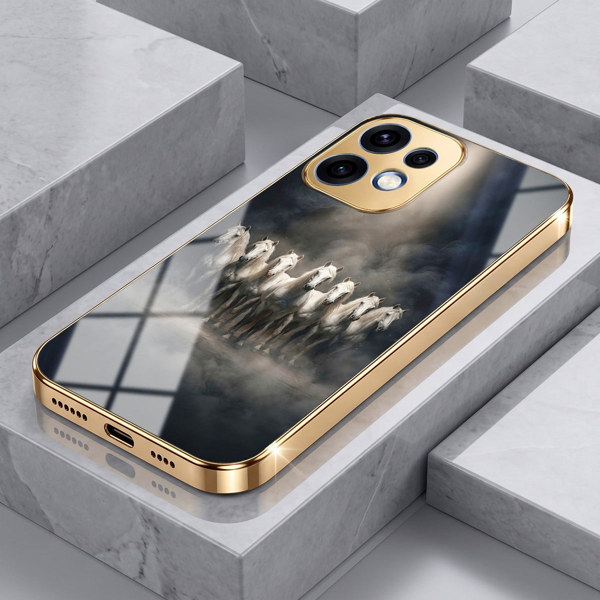 Oppo Reno 16 5G Running Horses Gold Electroplated Glass Phone Back Case