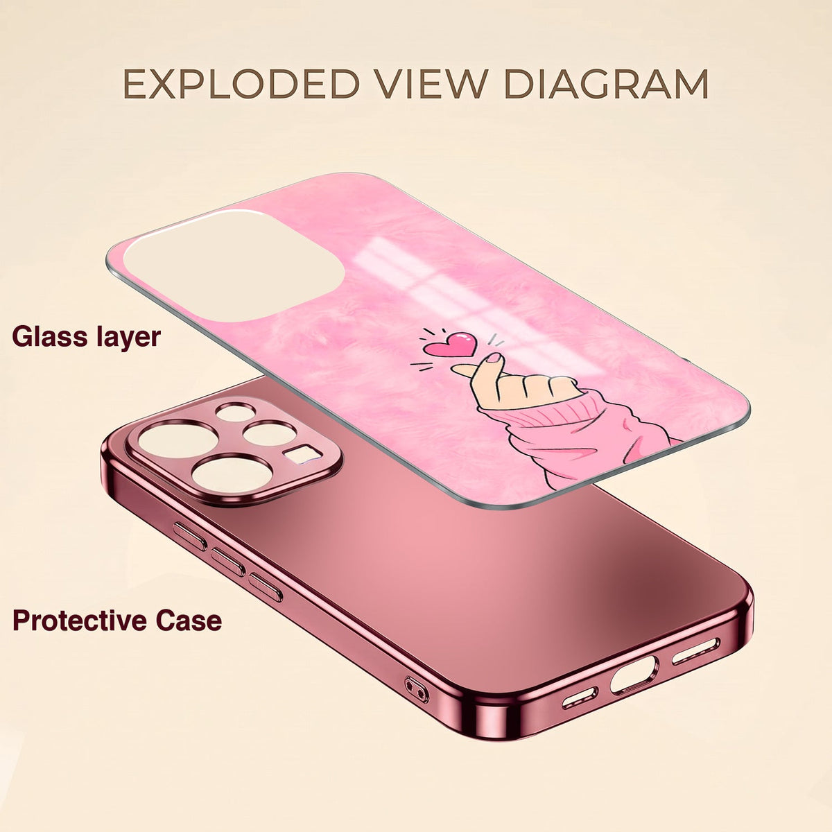 Vivo V70 5G Luxury Heart Pink Electroplated Glass Phone Back Case