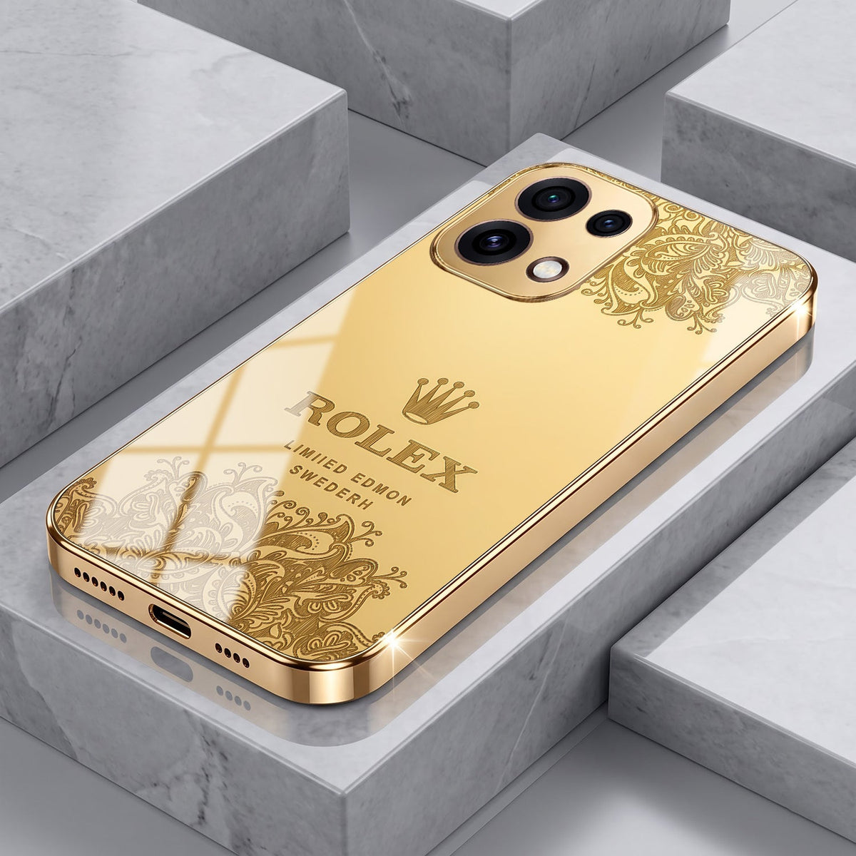 Oppo Reno 16C 5G Rolex Crown Gold Electroplated Glass Phone Back Case