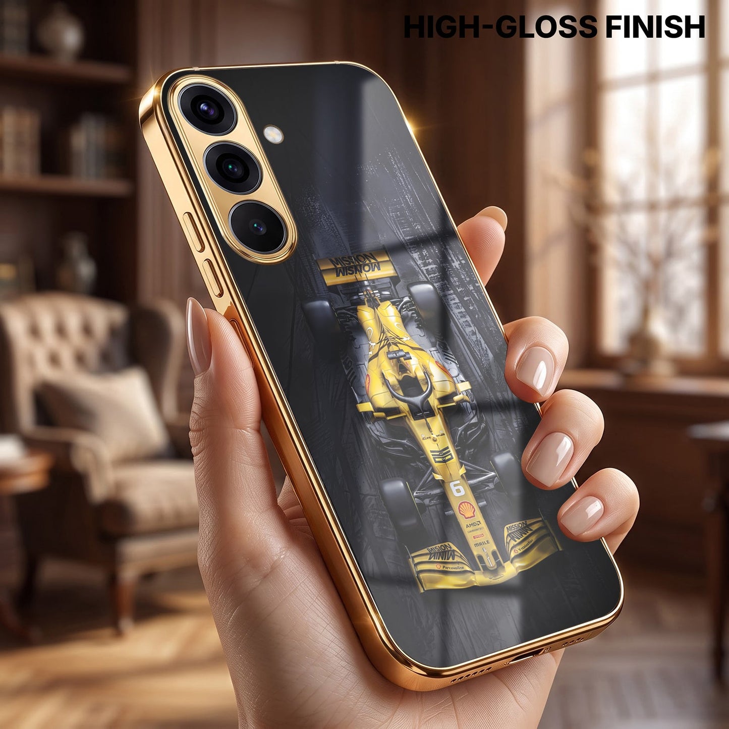 Samsung Galaxy A56 5G F1 Racing Car Gold Electroplated Glass Phone Back Case