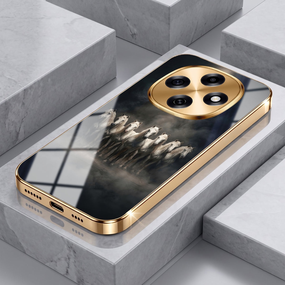OPPO F31 Pro 5G Running Horses Gold Electroplated Glass Phone Back Case