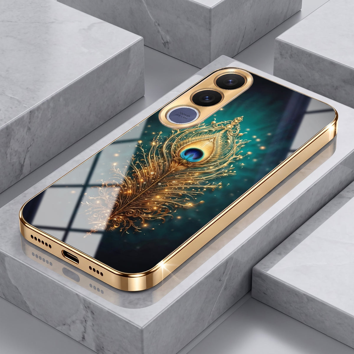 Vivo V70 FE 5G Golden Peacock Feather Gold Electroplated Glass Phone Back Case
