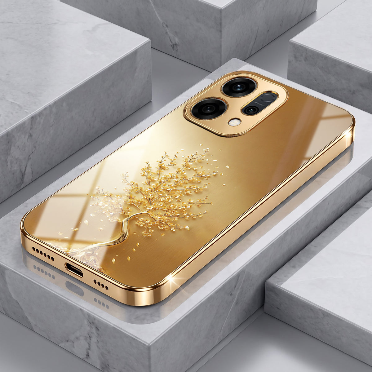 Oppo Reno 14 5G Golden Tree Gold Electroplated Glass Phone Back Case