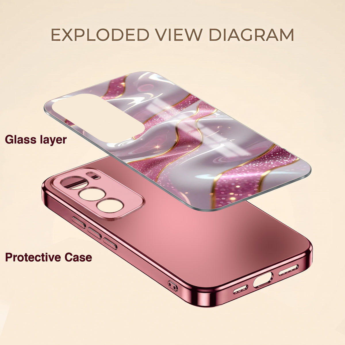 Oppo Reno 12 Pro 5G Pearl Marble Pink Electroplated Glass Phone Back Case