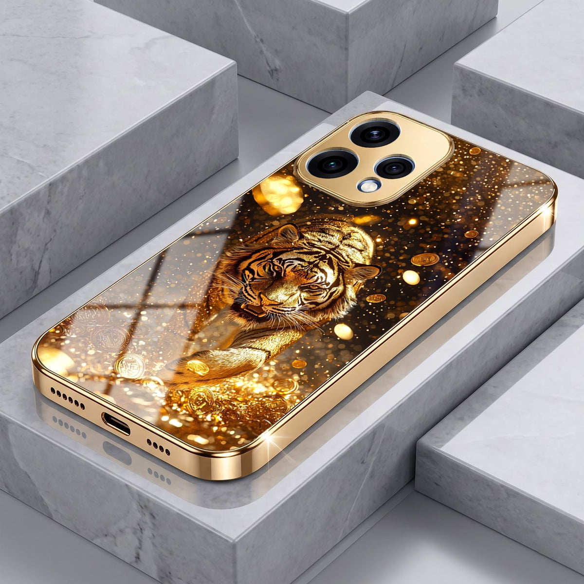 Oppo Reno 15 5G Luxury Tiger Gold Electroplated Glass Phone Back Case