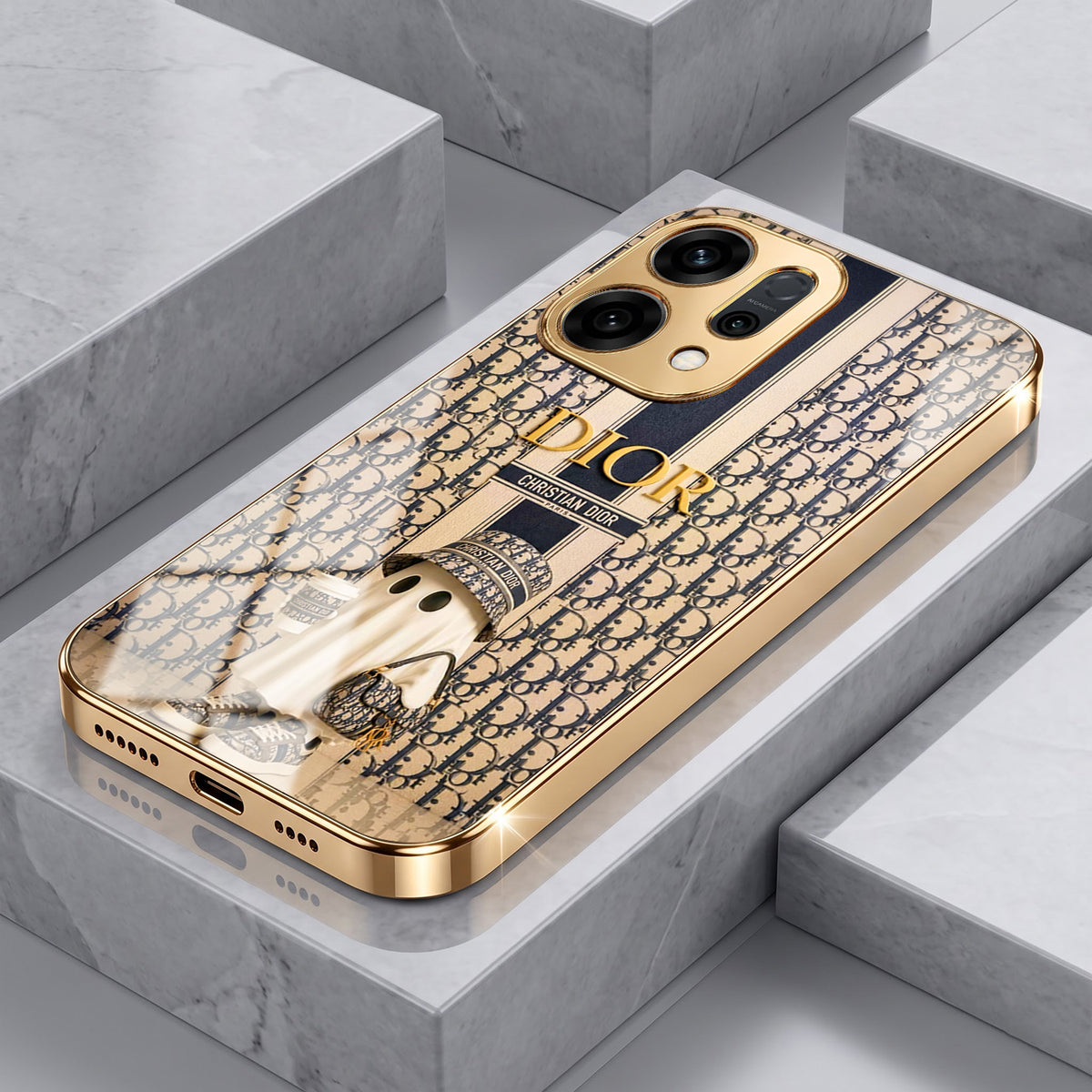 Oppo Reno 14 5G Luxury Dior Gold Electroplated Glass Phone Back Case