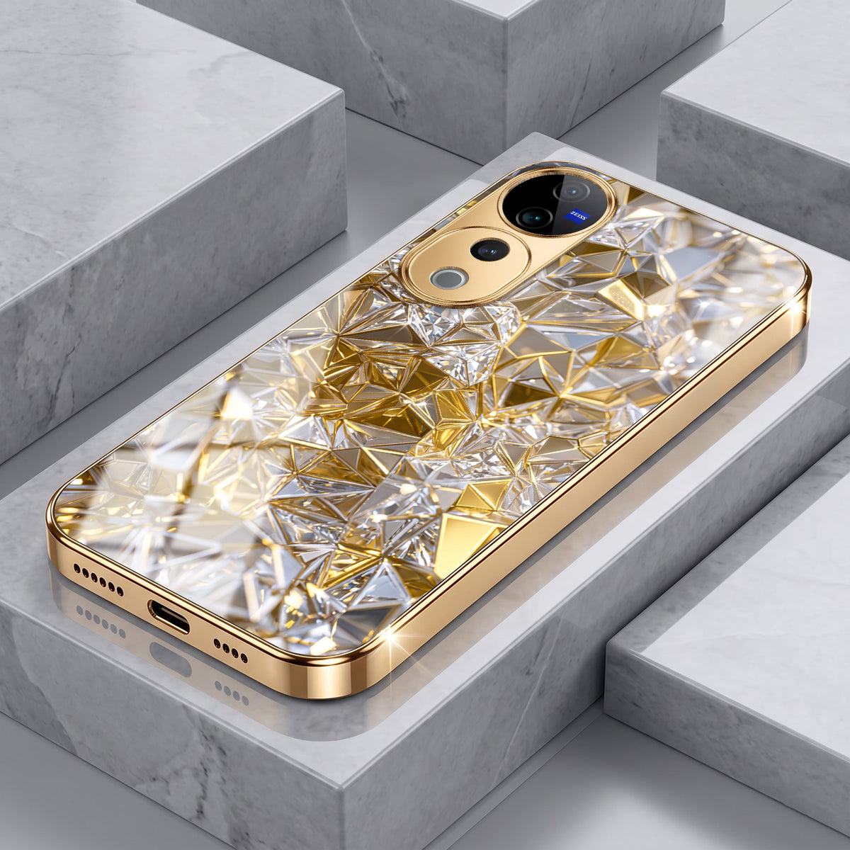 Vivo V40 Pro 5G White Diamond Shatter Gold Electroplated Glass Phone Back Case