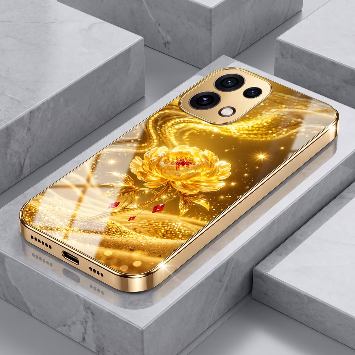 Oppo Reno 16C 5G Golden Rose Elegance Gold Electroplated Glass Phone Back Case