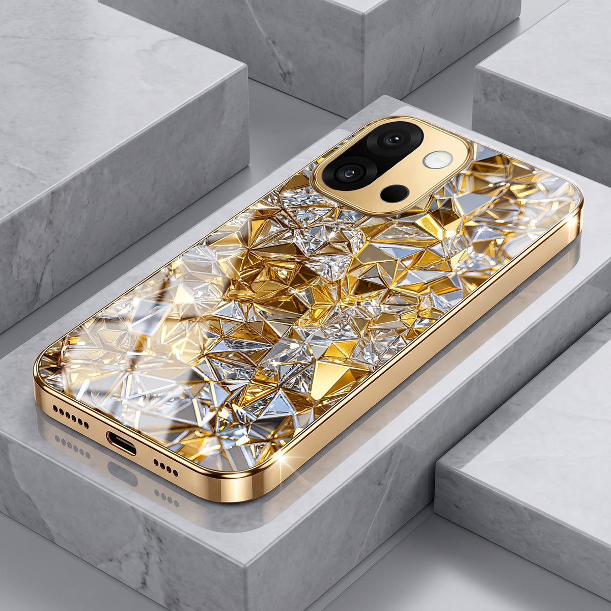 OnePlus 13s 5G White Diamond Shatter Gold Electroplated Glass Phone Back Case