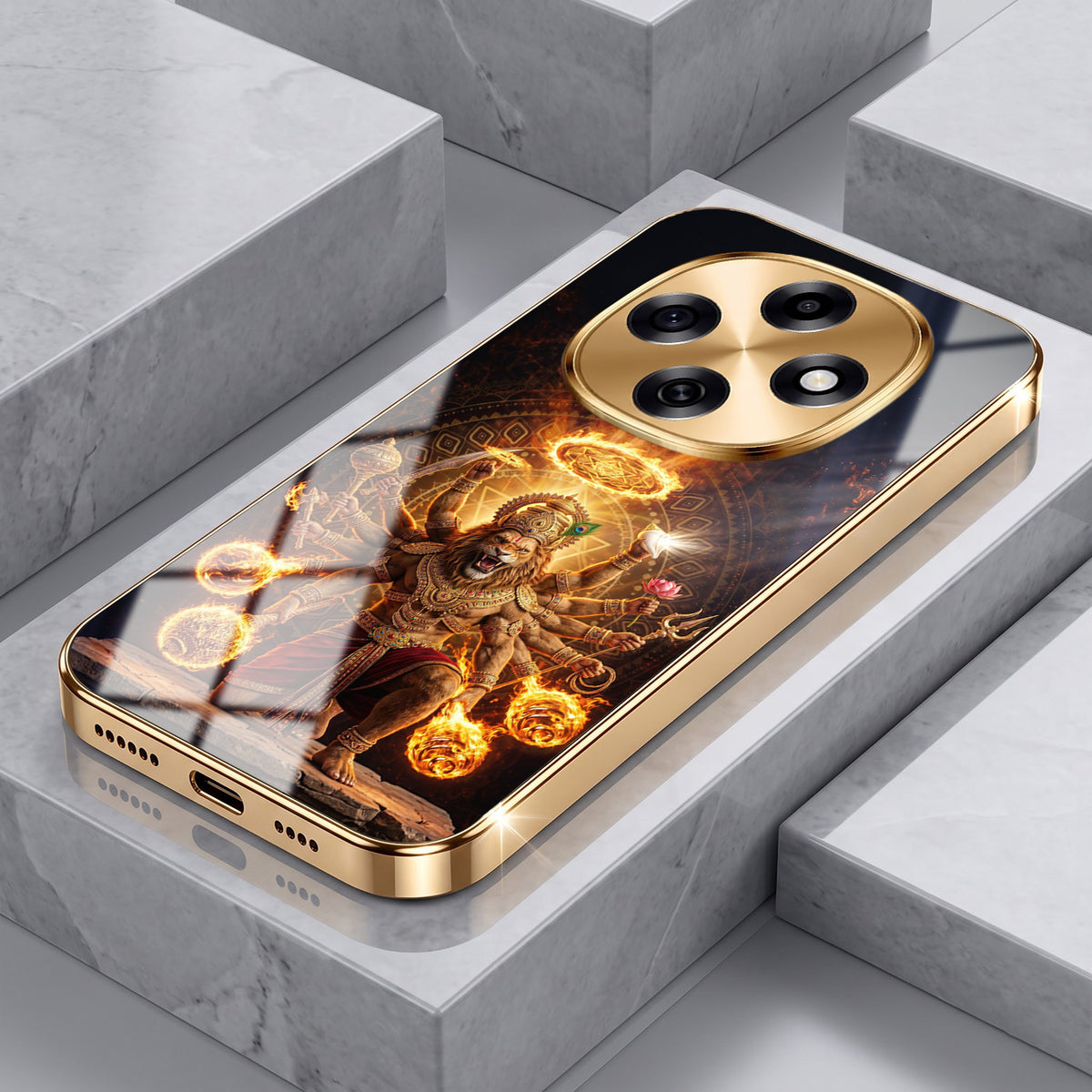 OPPO F31 Pro 5G Lord Narasimha Gold Electroplated Glass Phone Back Case
