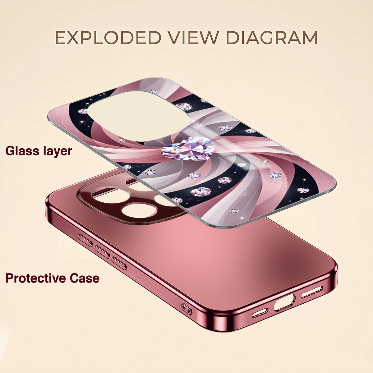 Redmi Note 15 Pro+ 5G Diamond Glam Pink Electroplated Glass Phone Back Case