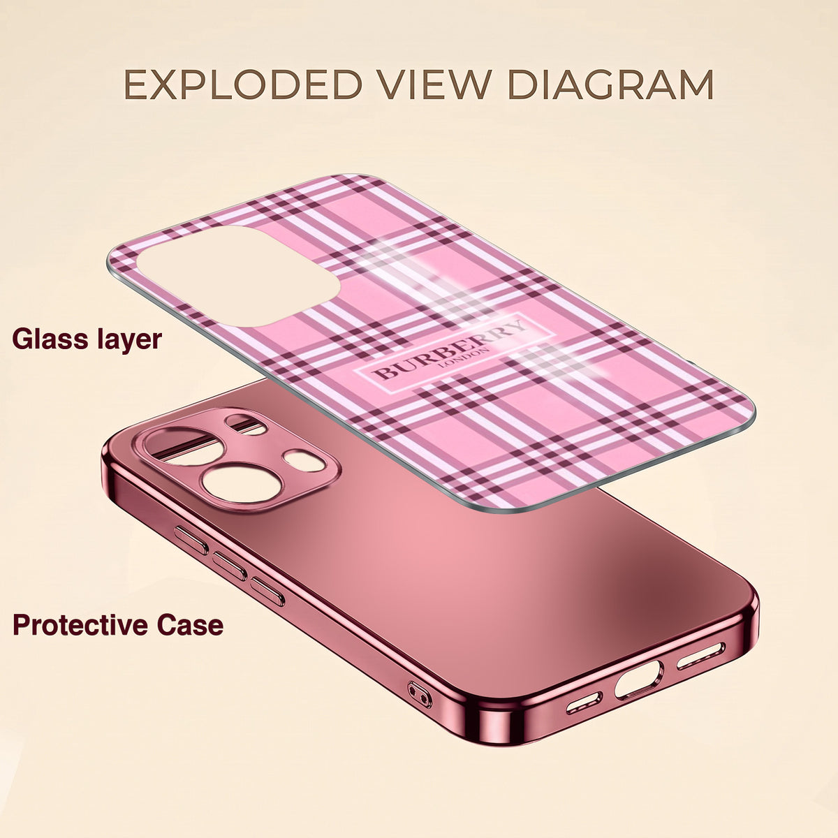 Oppo Reno 13 Pro 5G Burberry Classic Pink Electroplated Glass Phone Back Case