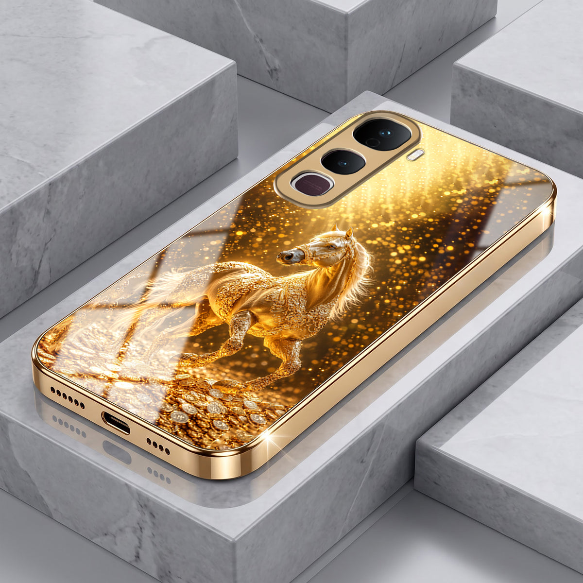 Vivo Y400 Pro 5G Golden Horse Sparkle Gold Electroplated Glass Phone Back Case