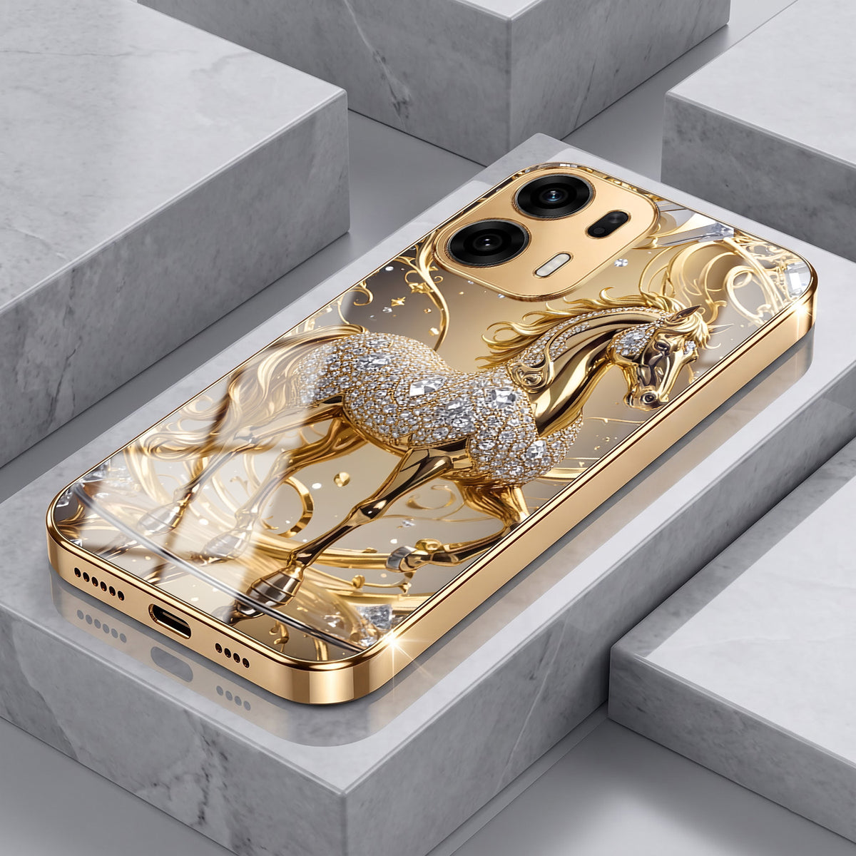 Oppo K14 Plus 5G Luxury Horse Texture Gold Electroplated Glass Phone Back Case