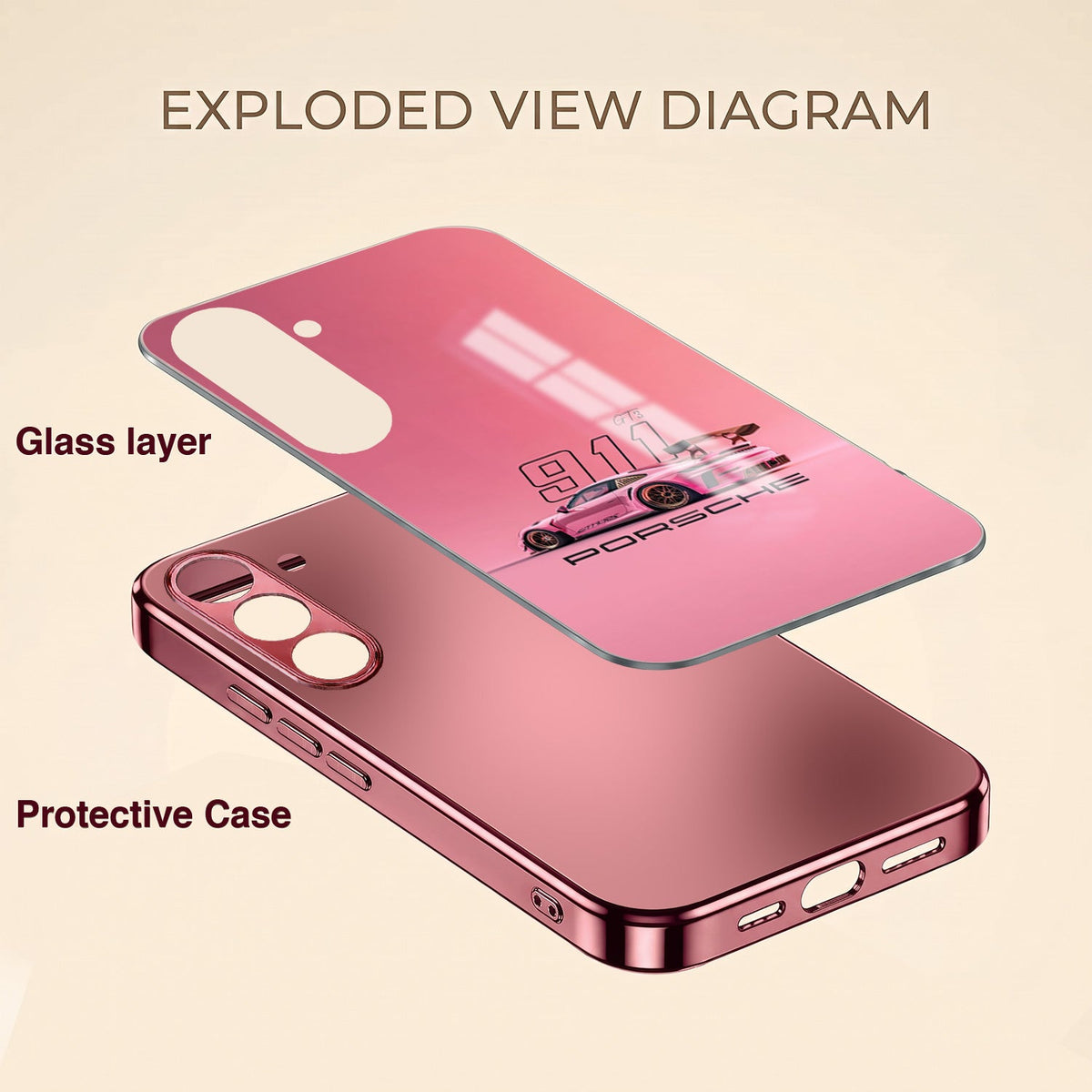 Samsung Galaxy A36 5G Luxury Porsche 911 Pink Electroplated Glass Phone Back Case