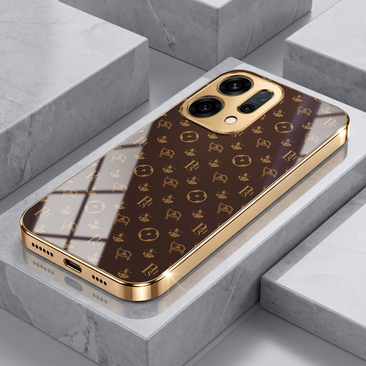 Oppo Reno 14 5G Luxury Monogram Brown Gold Electroplated Glass Phone Back Case